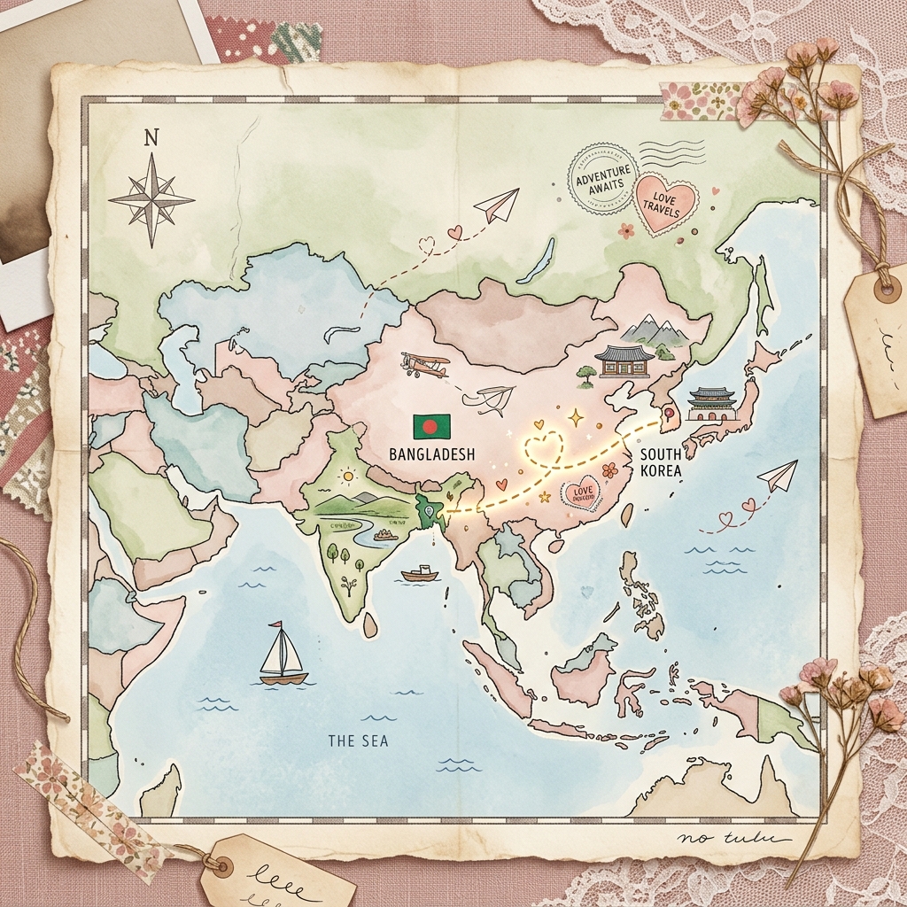 Antique watercolor map of two countries connected by love